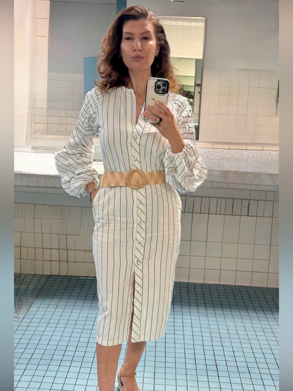 Johanna Ortiz White Midi Shirt Dress with Navy Pinstripes - EUC size XS